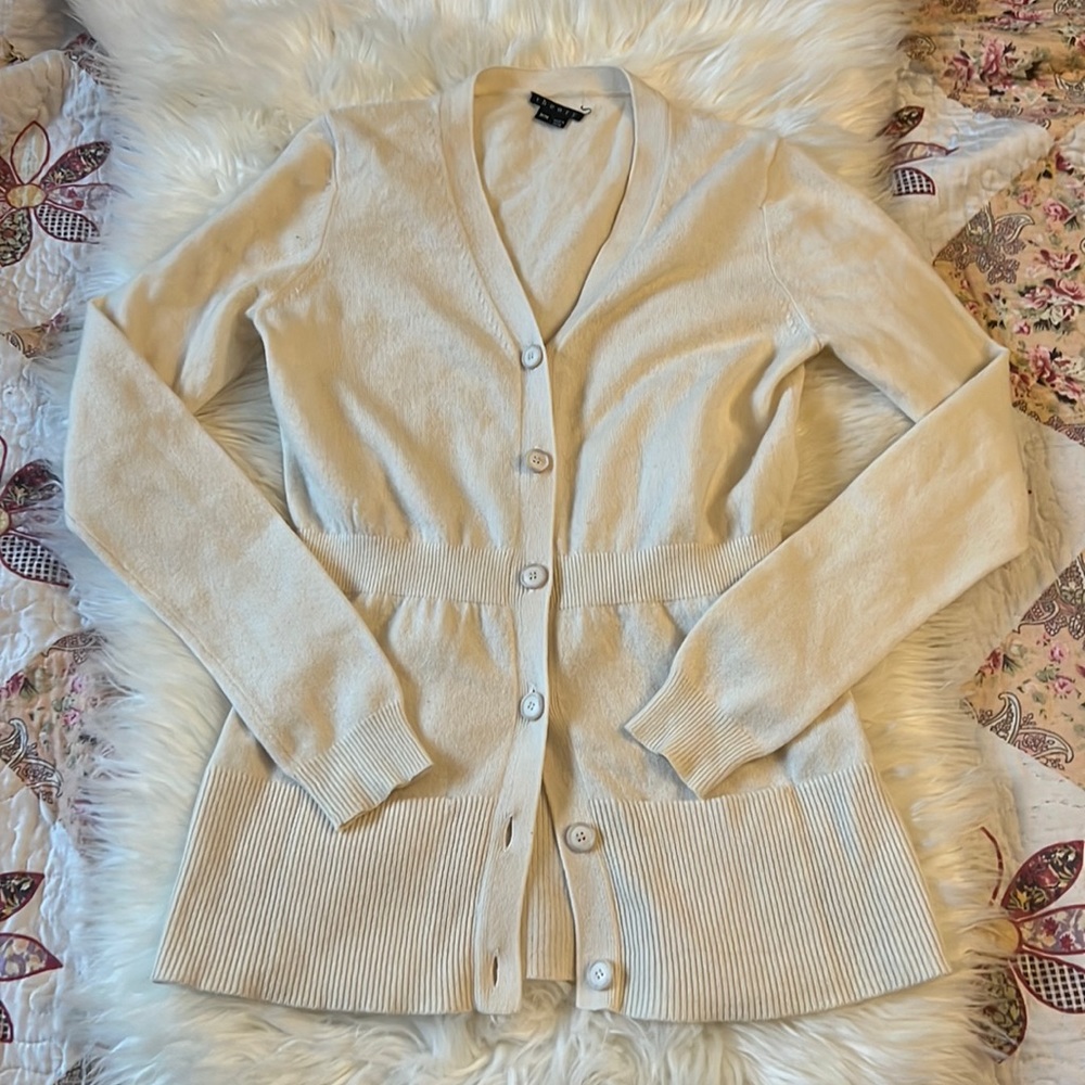 Theory 100% Cashmere Button Down Sweater Medium Beige